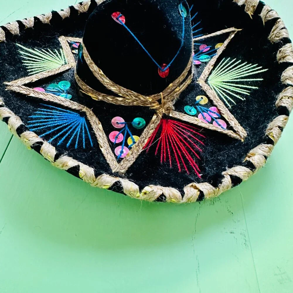 Vintage Mini Sombrero Black Velvet Mexican Hat Sequins Fiesta Decor 8